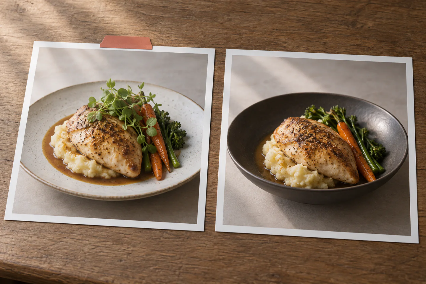 Editorial illustration comparing two restaurant menu-photo prints for review