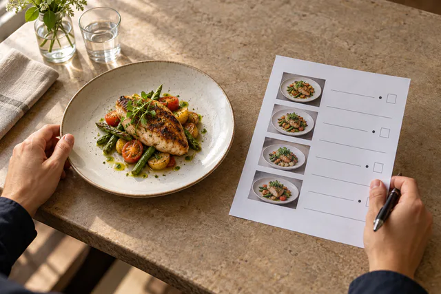 Restaurant operator checking a plated dish against a menu photo inventory.