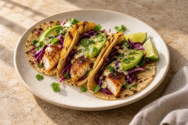Grilled fish tacos with avocado, cabbage and lime on a warm ceramic plate.