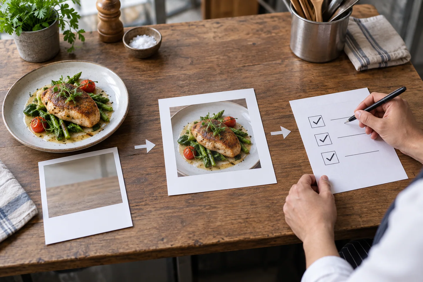 Illustration of a restaurant dish moving from source photo to approved square menu asset.
