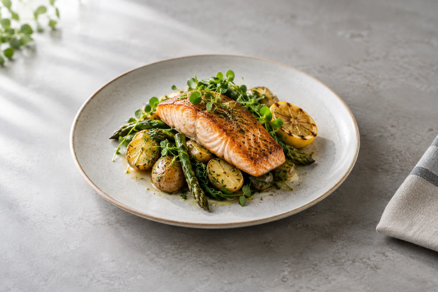 Editorial food-photography example of a plated dish in soft light with room for a crop