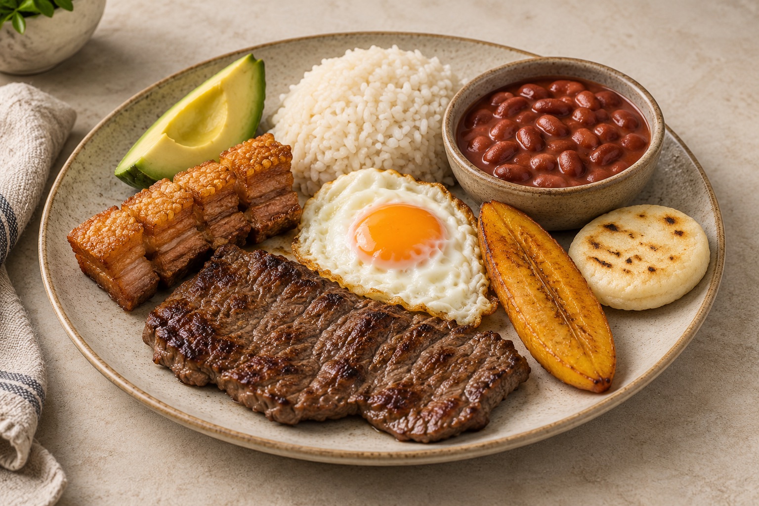 Bandeja paisa with beans, rice, meat, egg, plantain and arepa
