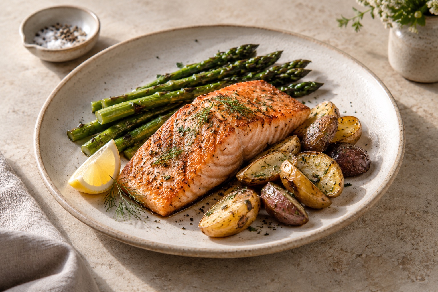 Seared salmon with asparagus, potatoes and lemon