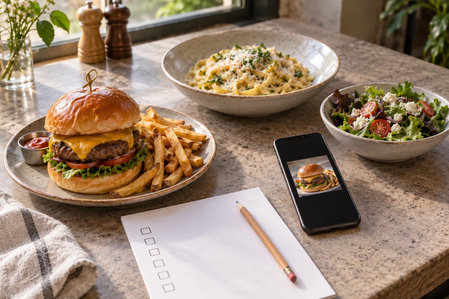 Generated editorial illustration of restaurant dishes beside a phone-size burger thumbnail
