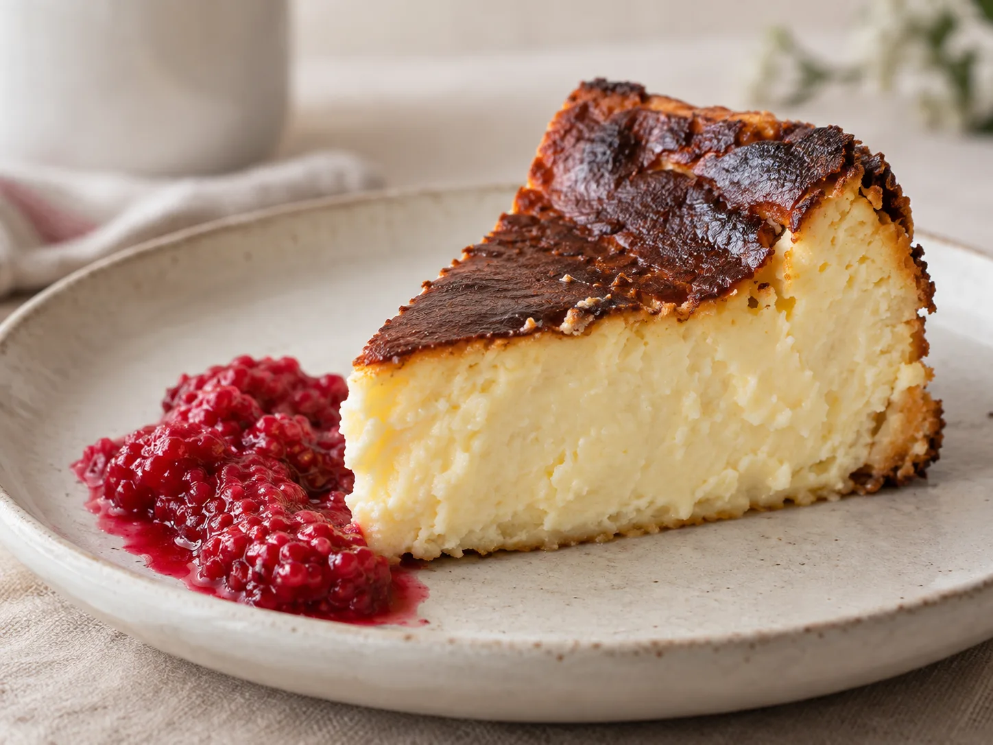 A slice of browned cheesecake with berry compote, showing the texture of the cut surface