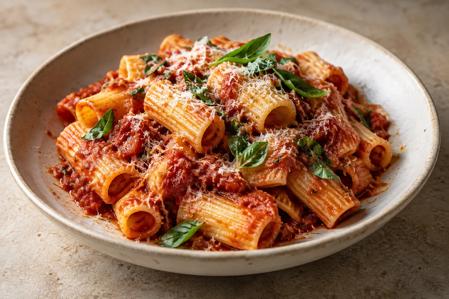 Rigatoni with tomato sauce, basil and parmesan in soft side light