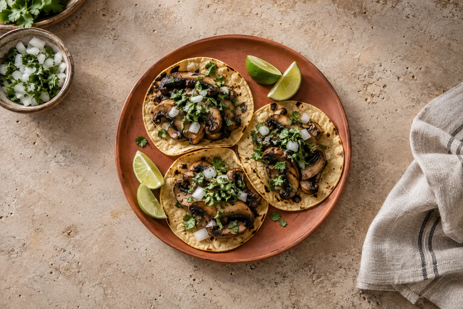 Three mushroom tacos with lime on a terracotta plate, with space around the edges