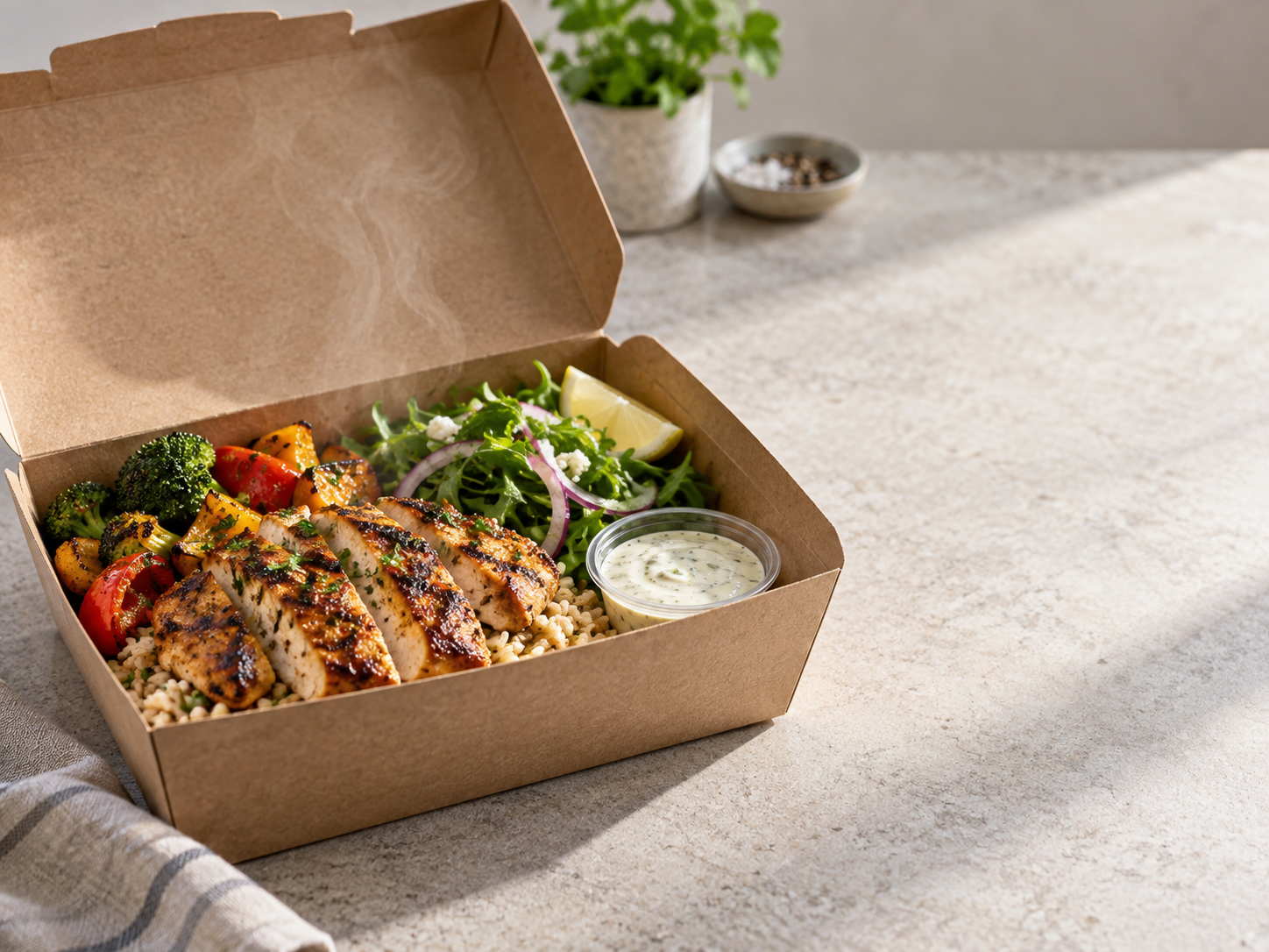 Editorial illustration of takeaway dishes packed for delivery