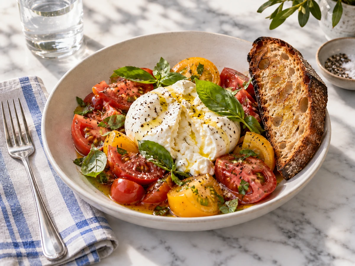 Burrata with tomatoes and basil, styled in soft natural light.