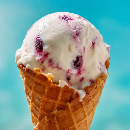 FoodPhoto style illustration of berry ice cream in a waffle cone against a turquoise background