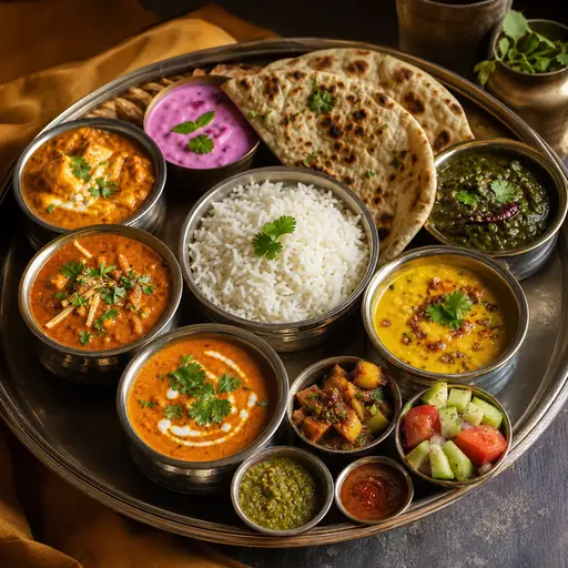 Thali style illustration for checking separate bowls and plate edges at thumbnail size