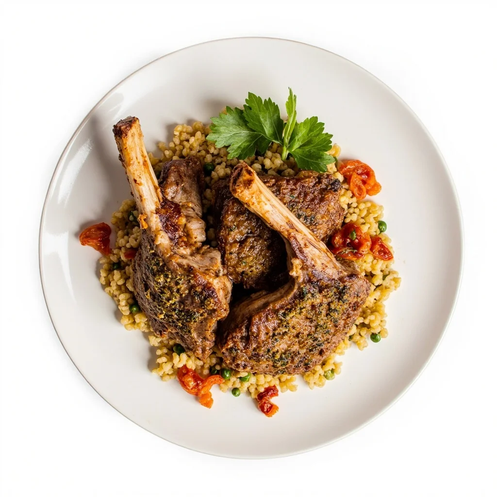 Aegean herb crusted lamb chops with sun dried tomato couscous moaavi4i