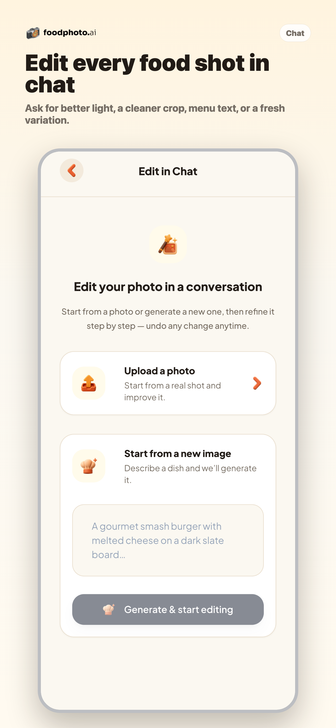 Chat editor screen in the FoodPhoto AI mobile app