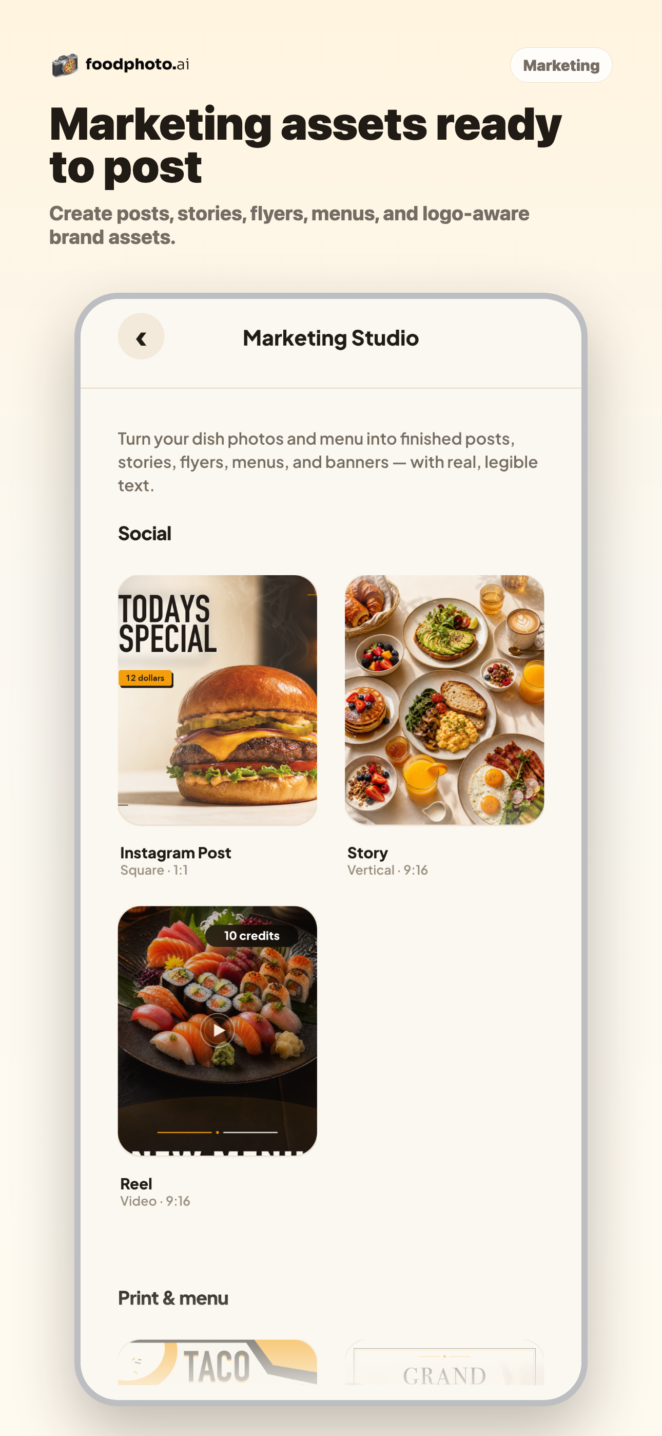 Marketing studio screen in the FoodPhoto AI mobile app