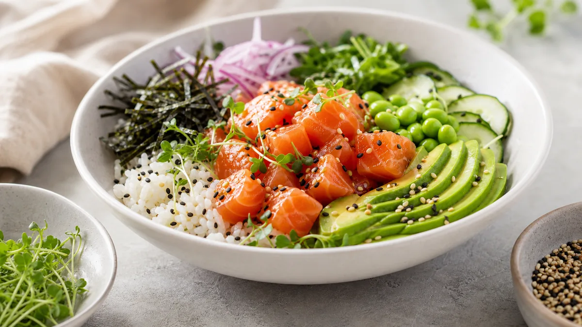 A plated poke bowl with salmon, avocado, edamame, and sesame on a clean white ceramic dish.