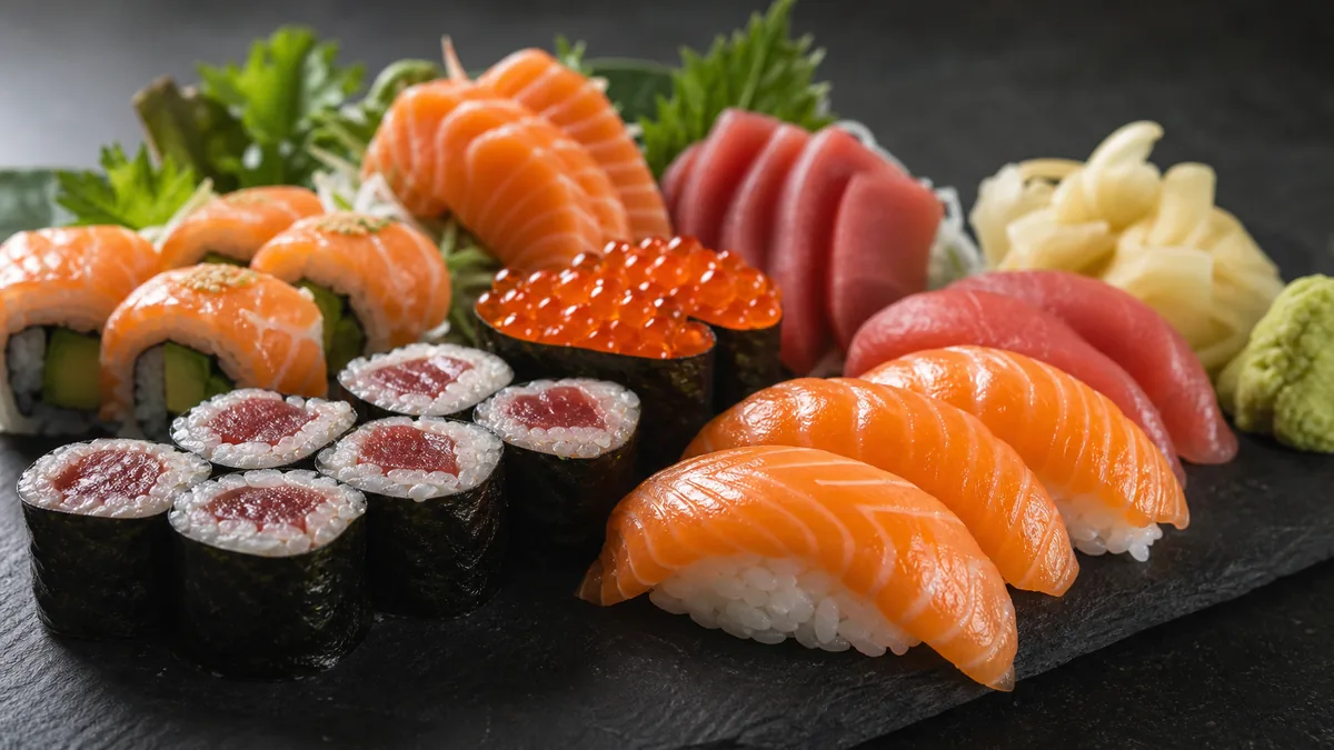 An elegant sushi and sashimi platter with glistening salmon nigiri, tuna rolls, and salmon roe on a dark slate board under soft side light.