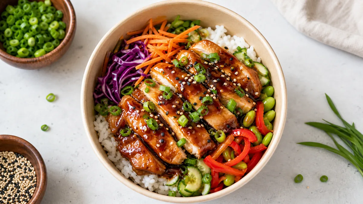 A vibrant chicken teriyaki rice bowl with fresh scallions and sesame in a clean takeout bowl, shot bright and top-down on a light surface.
