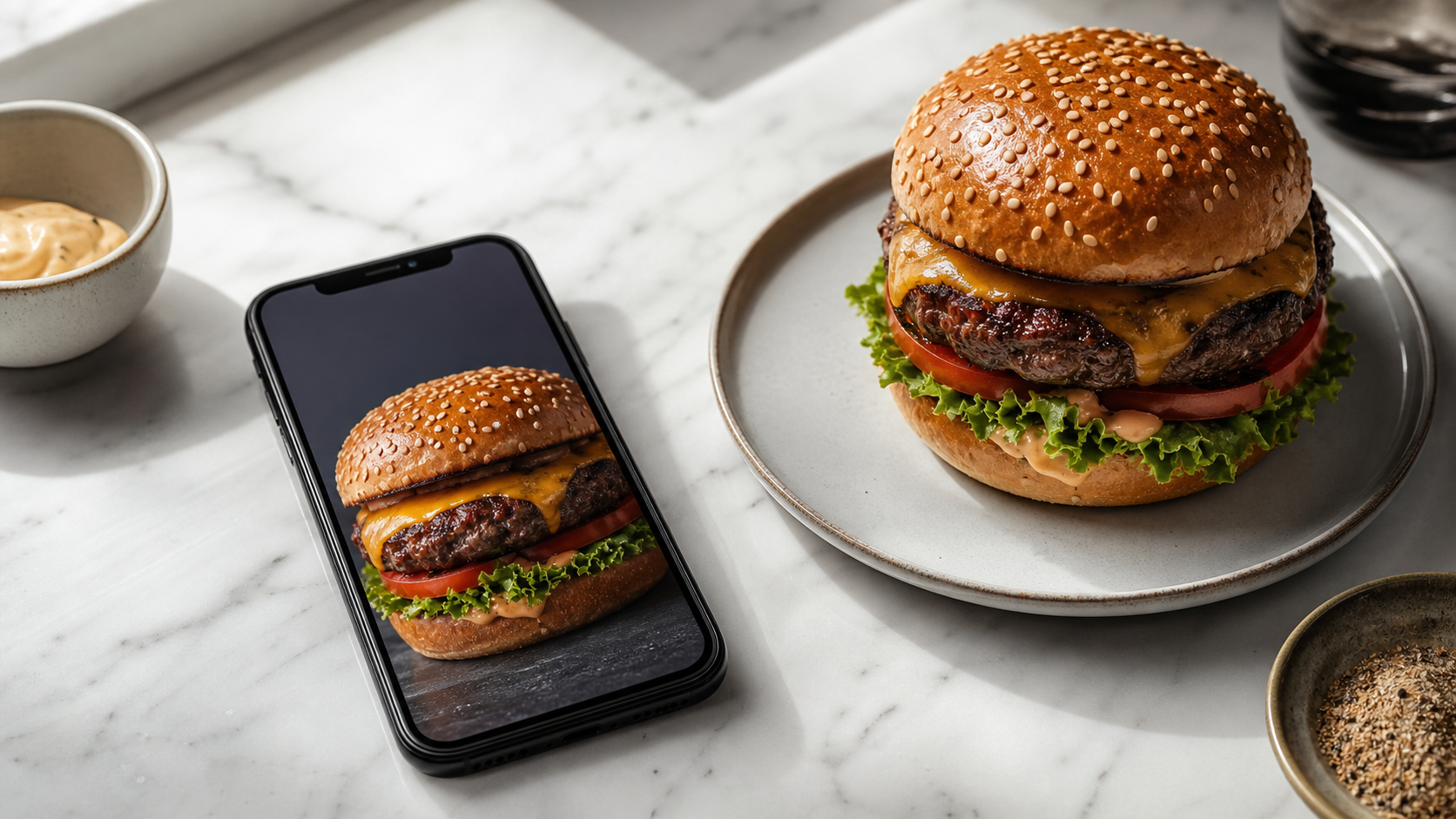 Smartphone showing an AI-generated burger photo next to a matching real plated burger on a marble counter