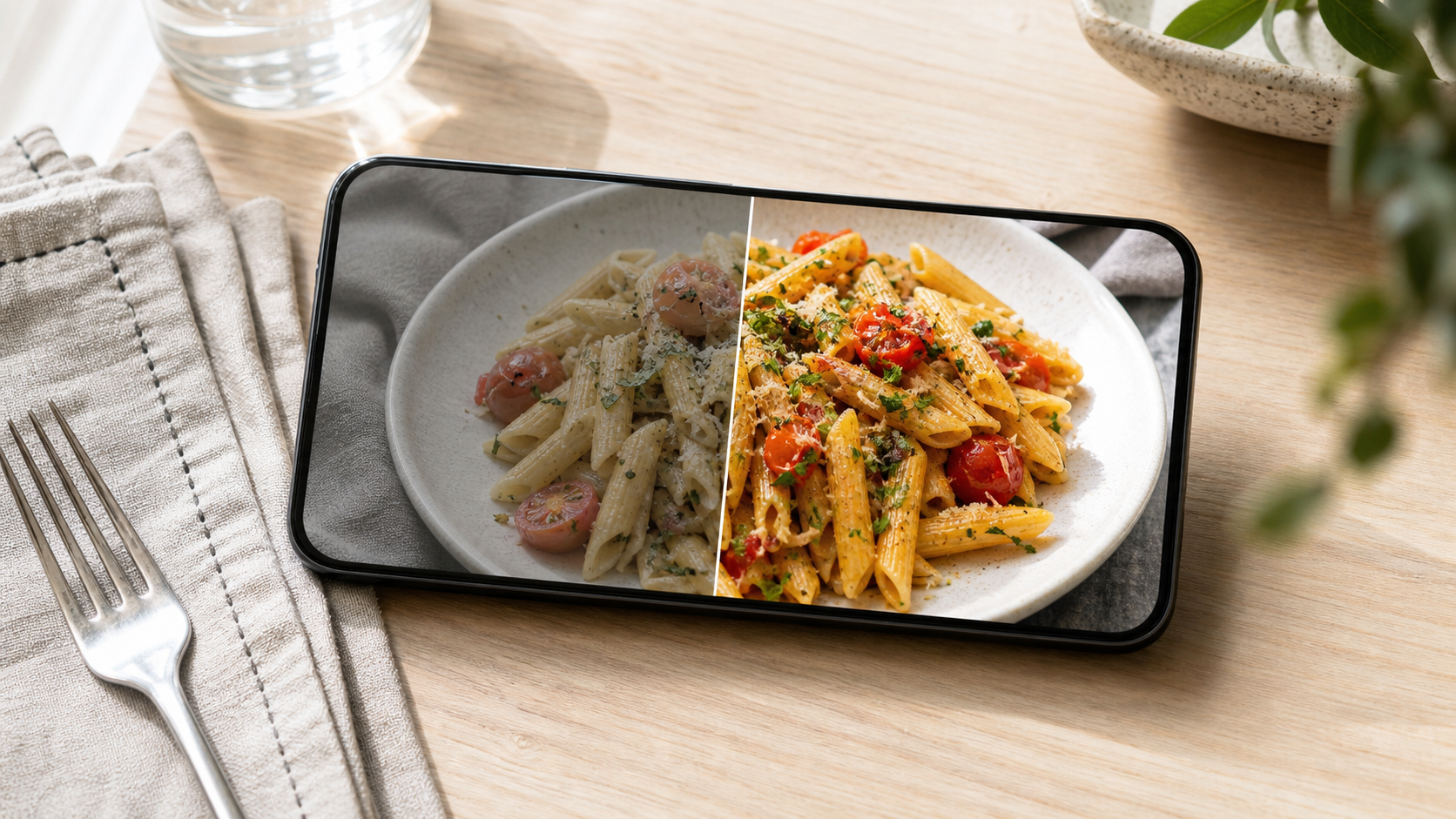 Phone showing a before-and-after edit of a pasta dish on a wooden restaurant table