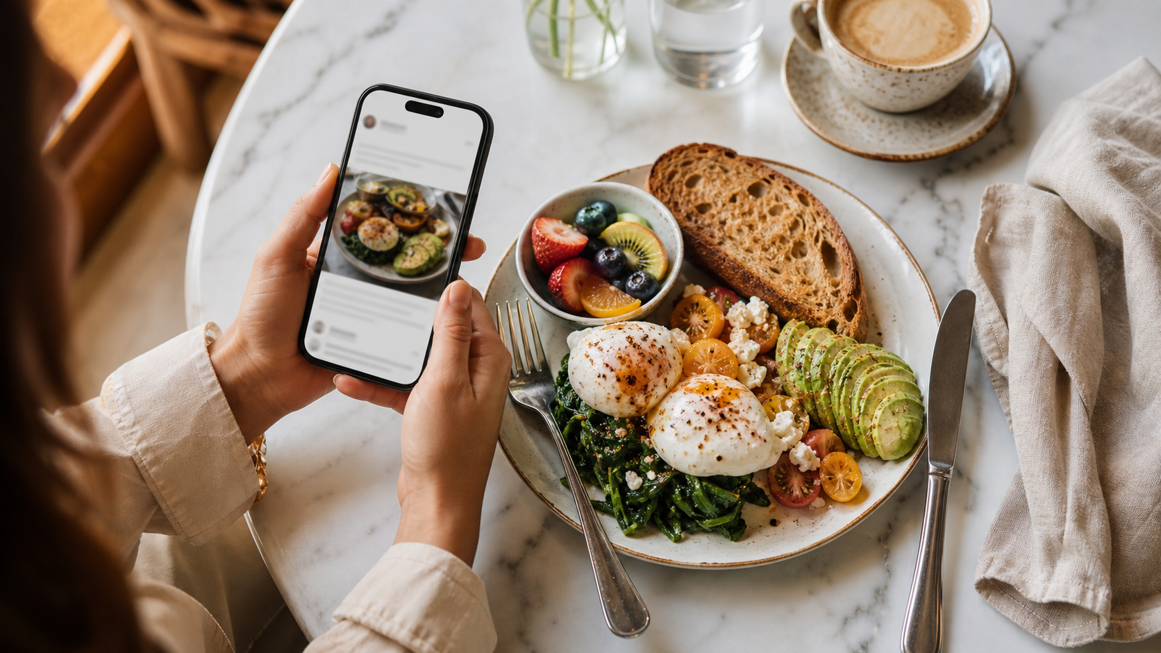 Cafe owner holding a phone composing a social post next to a plated brunch dish
