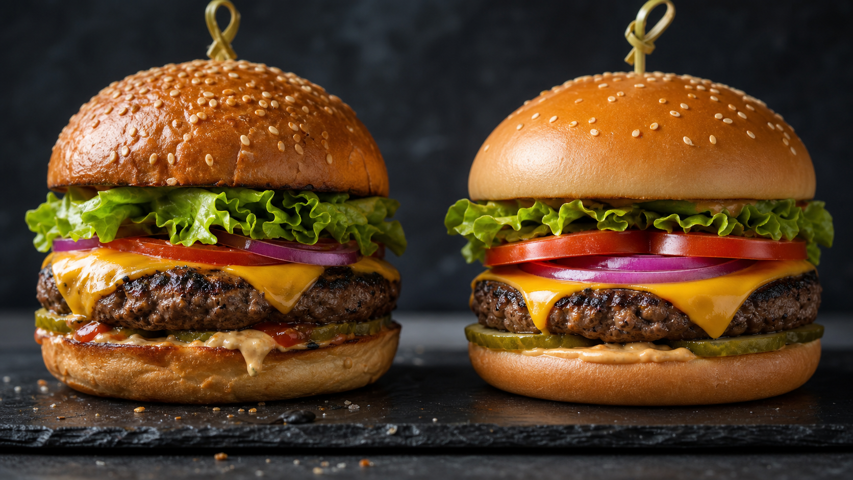 Two gourmet burgers side by side on dark slate, one realistic and one with a too-perfect AI look