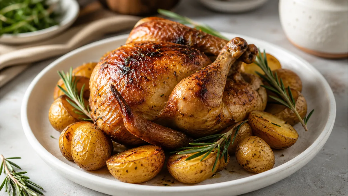 A neatly plated roast chicken dish with herbs and roasted vegetables on a ceramic plate, soft daylight, ready for menu photography.