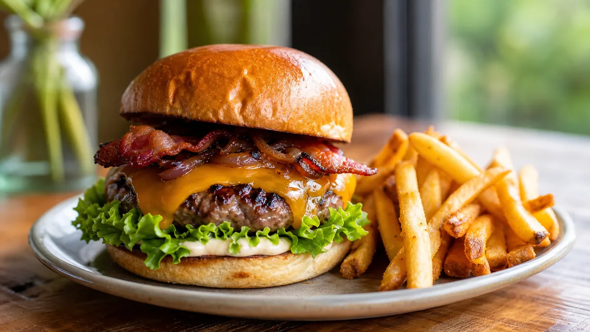 A restaurant burger with melted cheese and golden fries on a warm wooden table in soft side light.