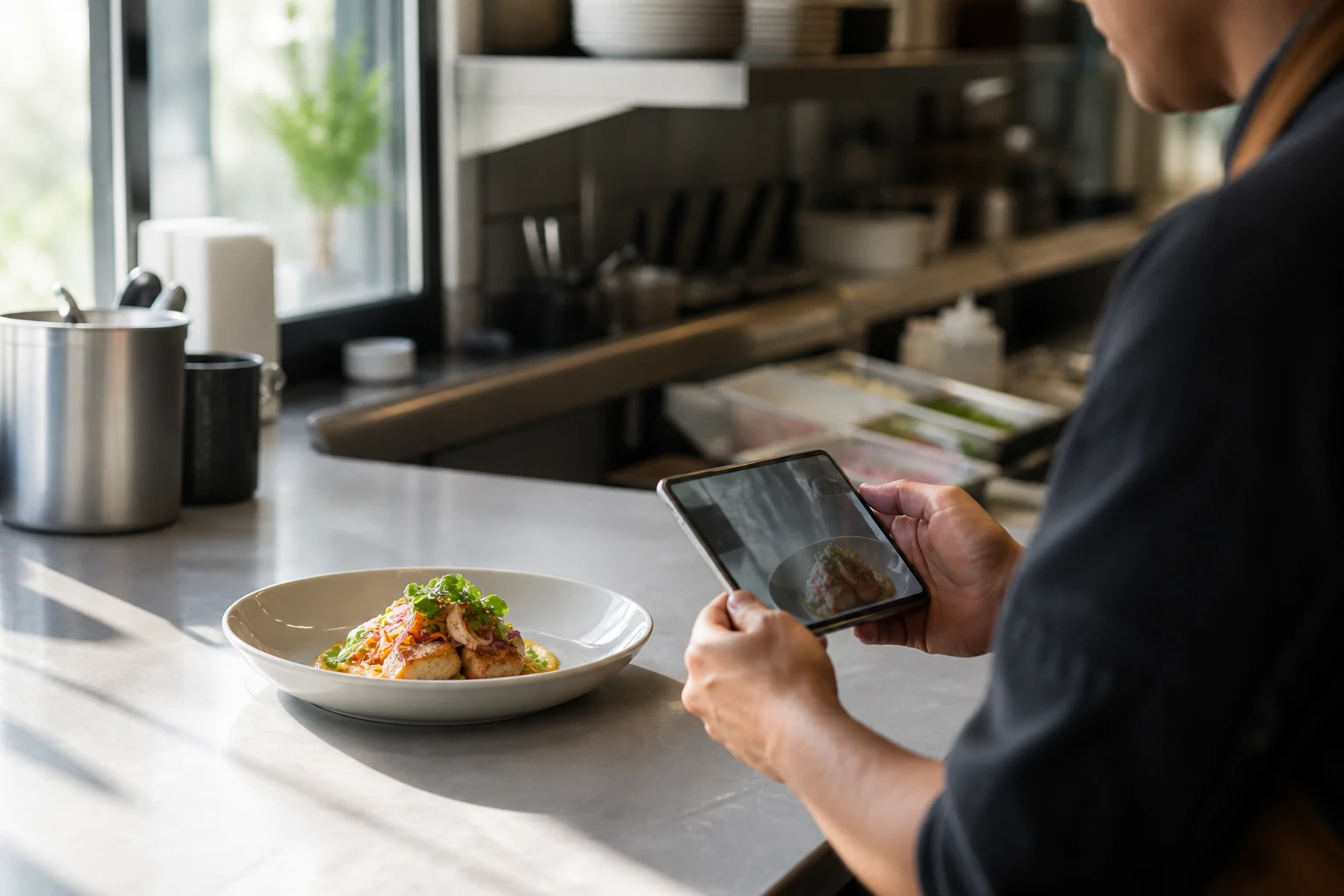 Restaurant operator prepares a truthful menu photo workflow for ai food photography how it works.