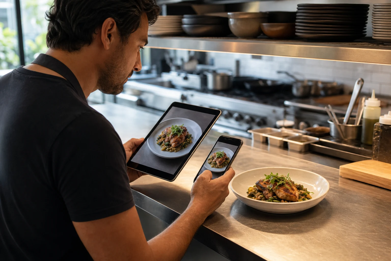 Restaurant operator compares a real plated dish with matching food photos on a tablet and phone for a delivery menu.