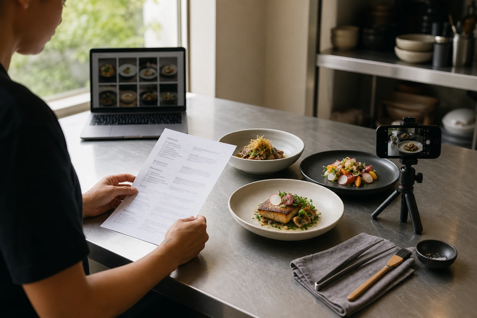 Restaurant operator reviewing a menu photo brief beside plated dishes, a phone, and a laptop in a working kitchen