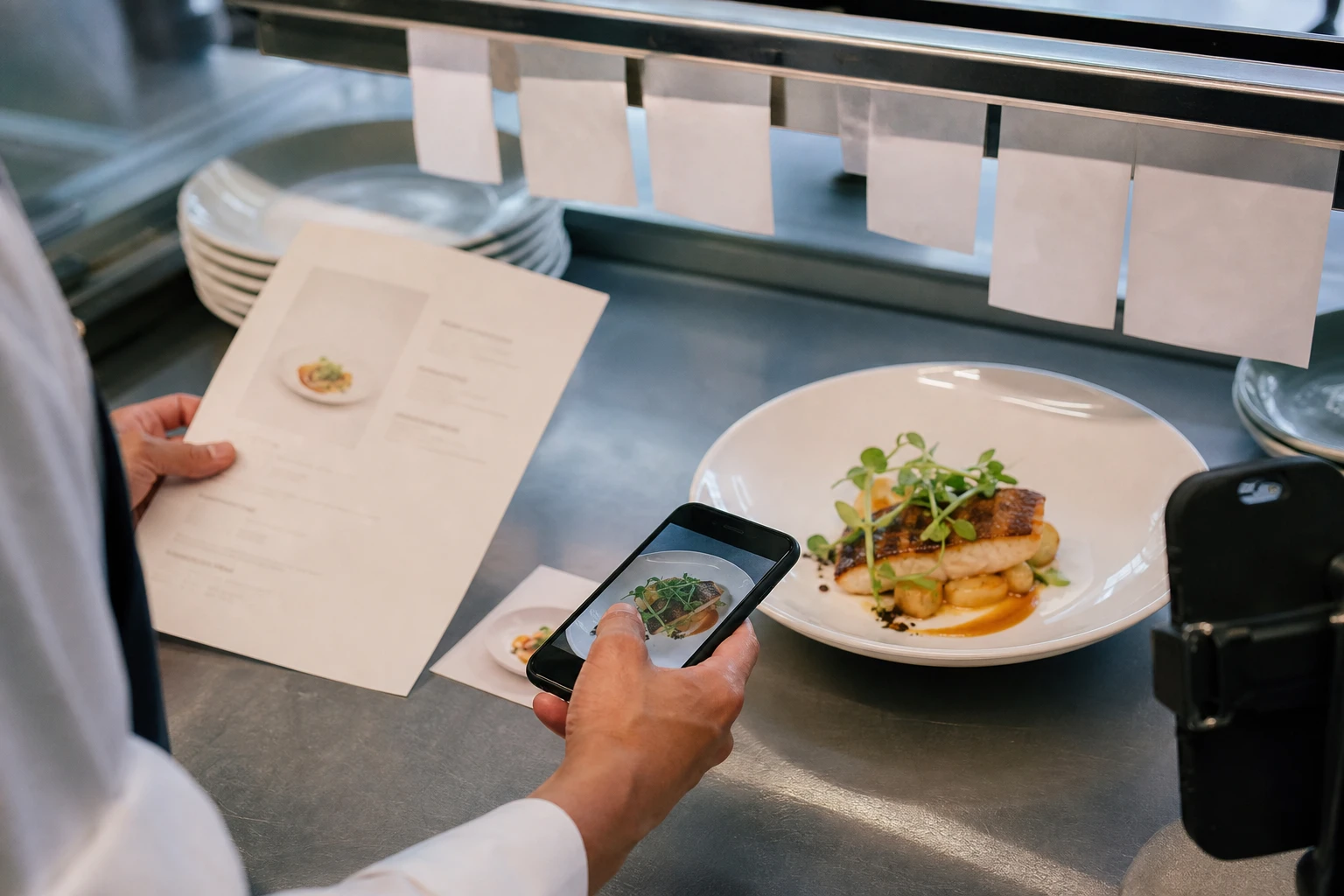 Restaurant operator comparing a plated dish with its current menu photo after a recipe and price change