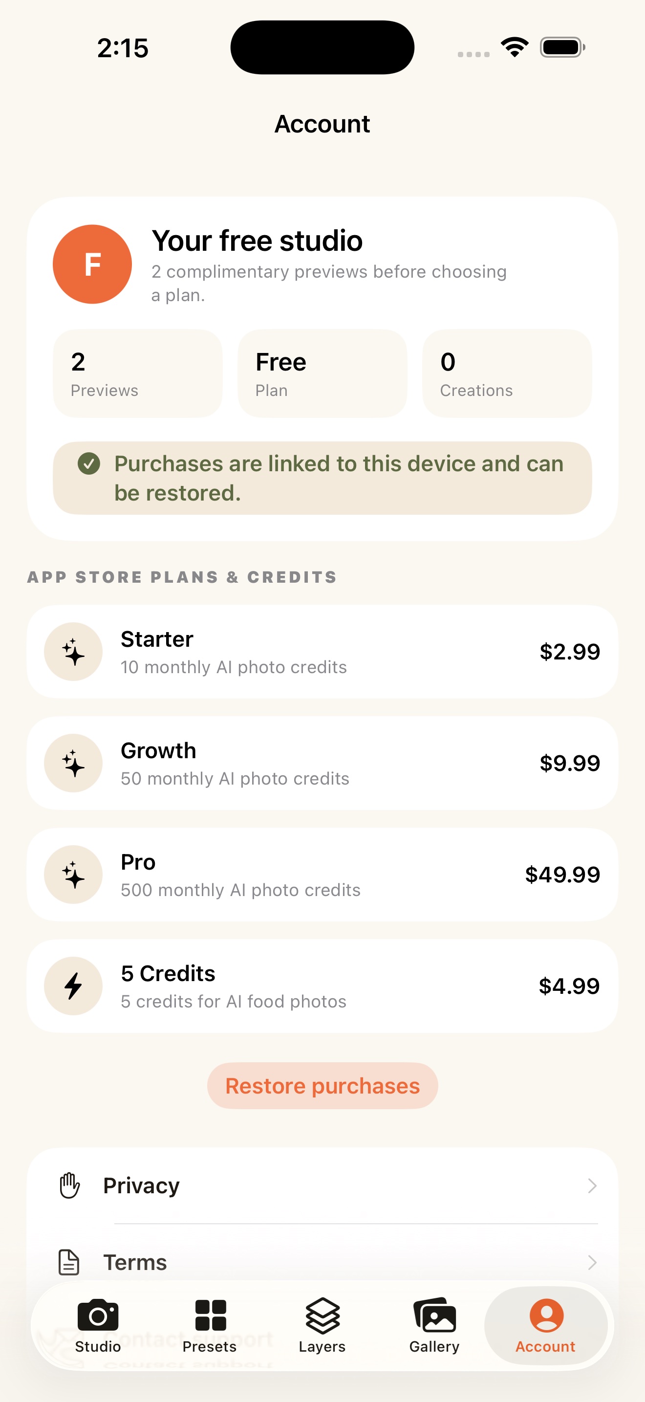 Plans and credits screen in the FoodPhoto AI web and mobile app workflow