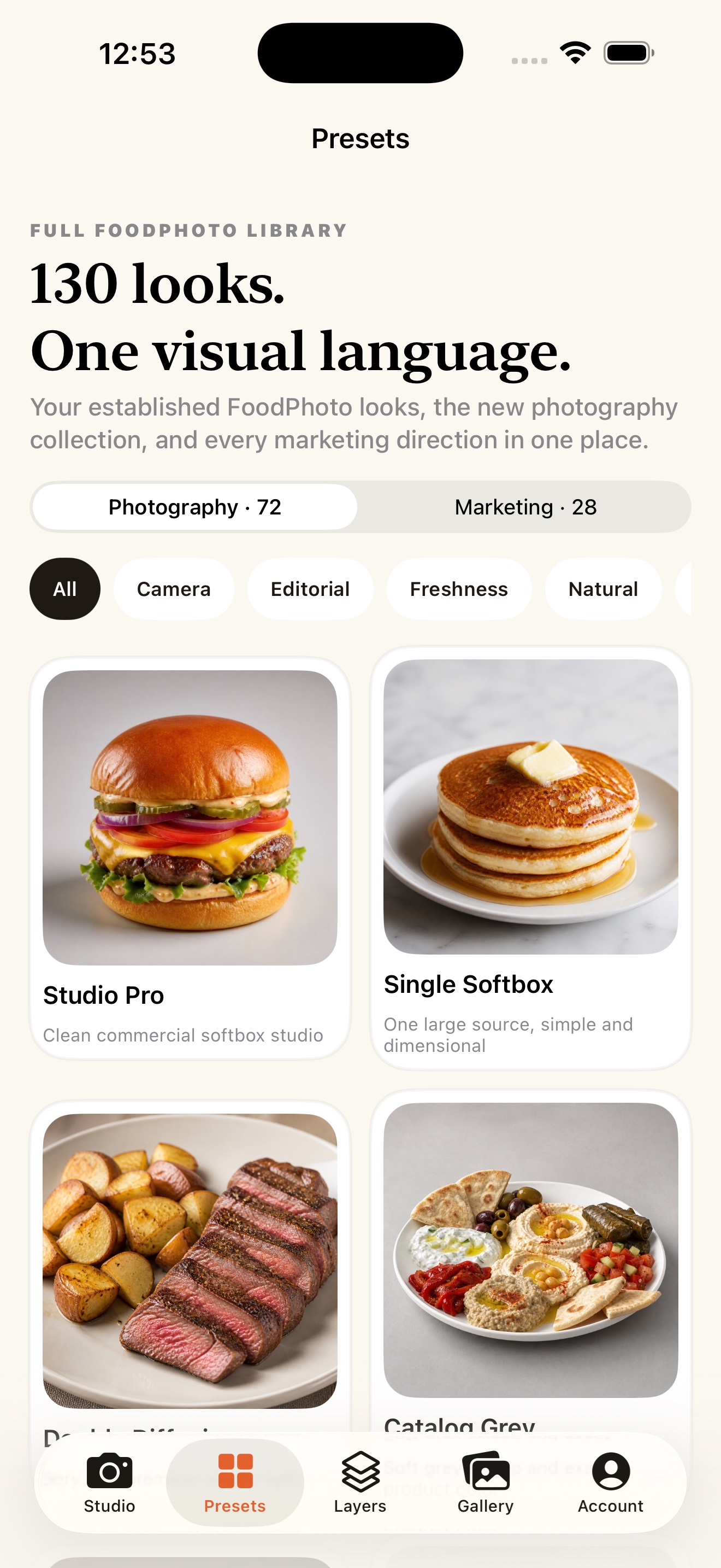 130 photographic looks screen in the FoodPhoto AI web and mobile app workflow