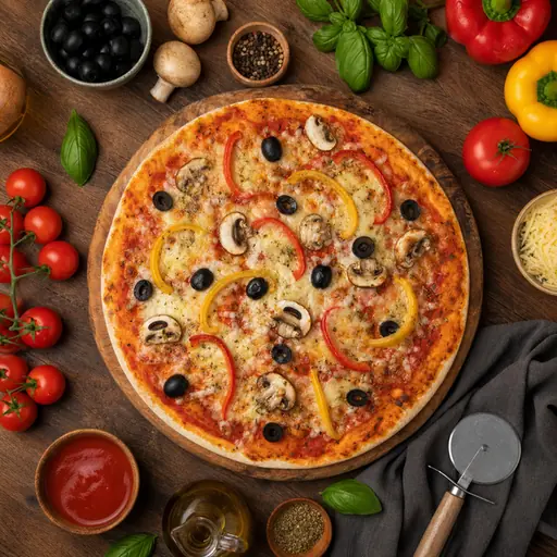Overhead flat-lay food photography example shot straight down on a styled table — FoodPhoto.ai preset reference